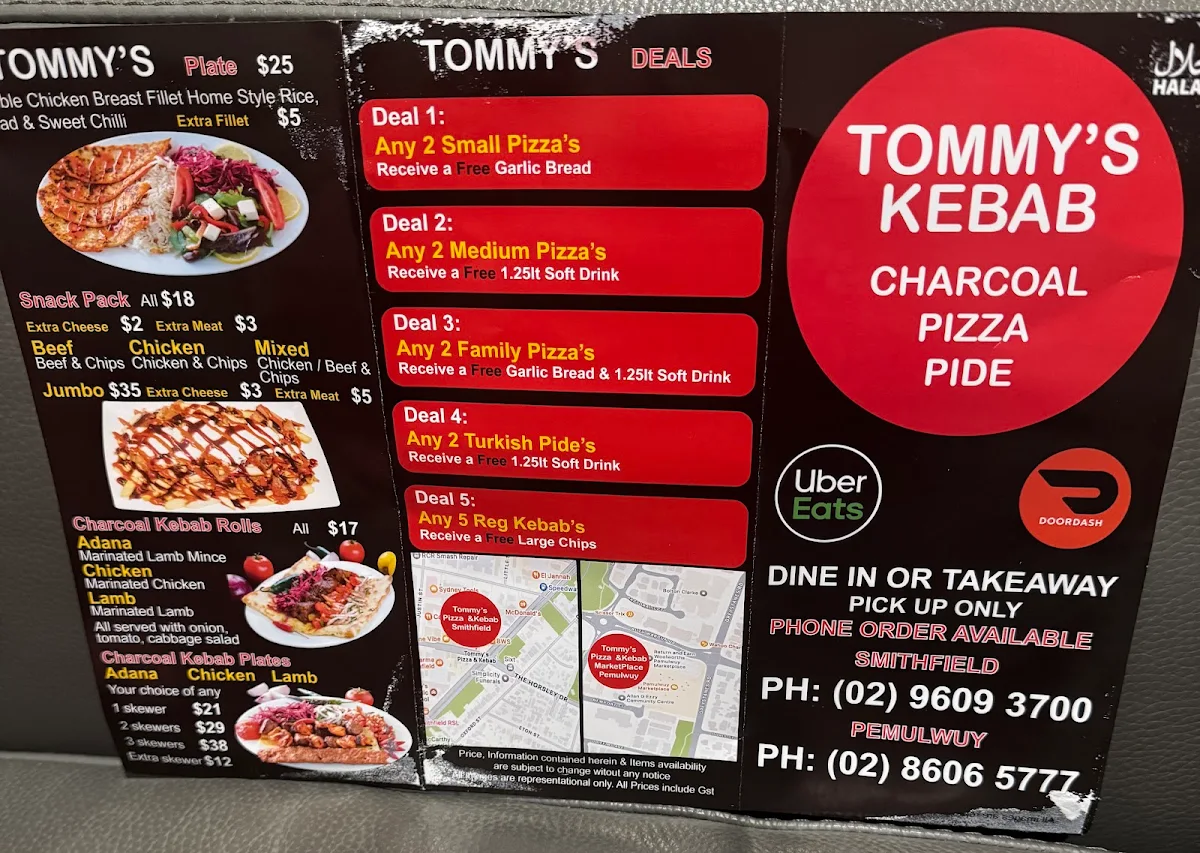 Menu, Tommys Pizza & Kebabs pemulwuy market place