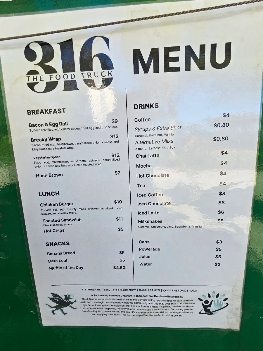 Menu, 316 Chatham High Food Truck