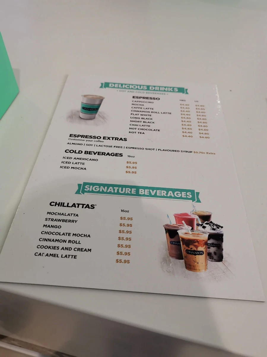 Menu, Cinnabon Westfield Mt Gravatt
