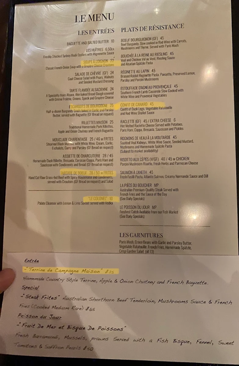 Menu, Bistro Papillon