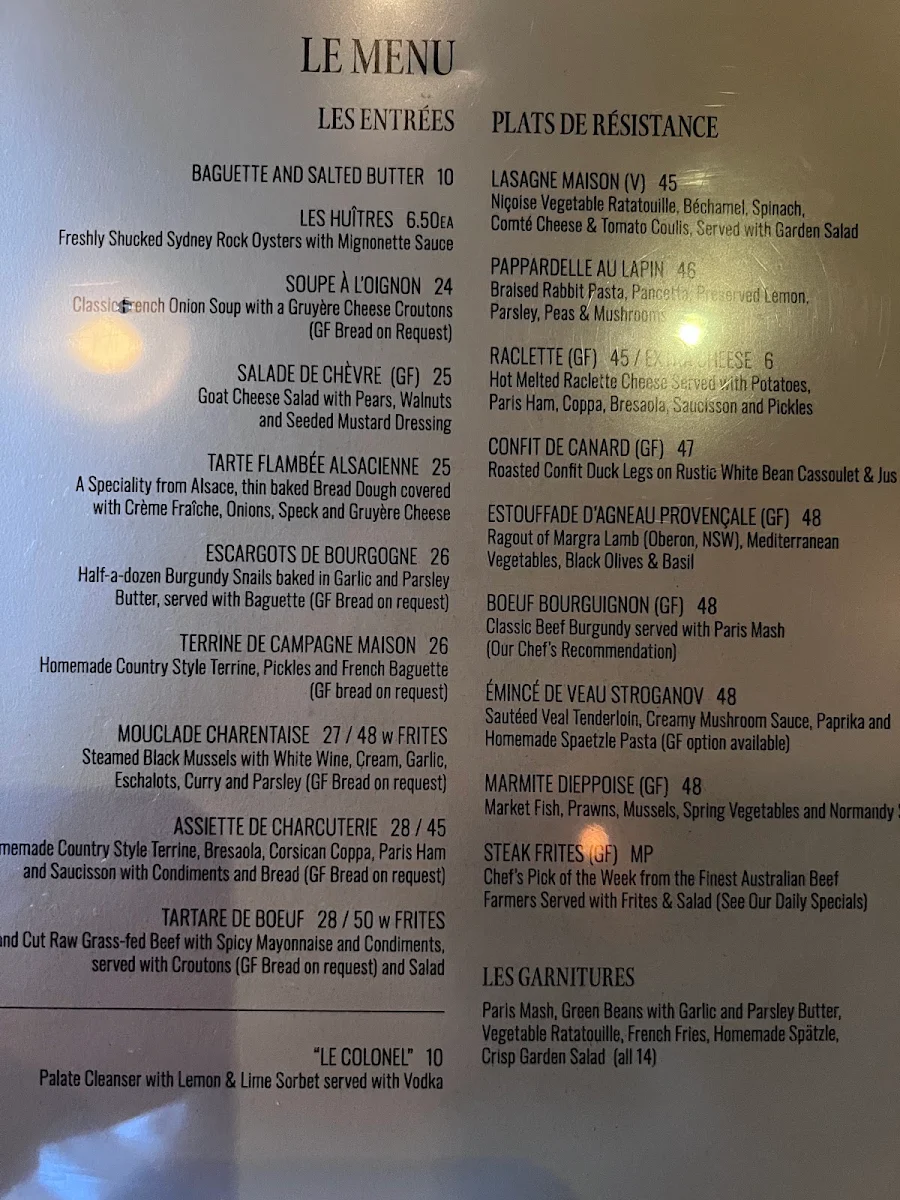 Menu, Bistro Papillon