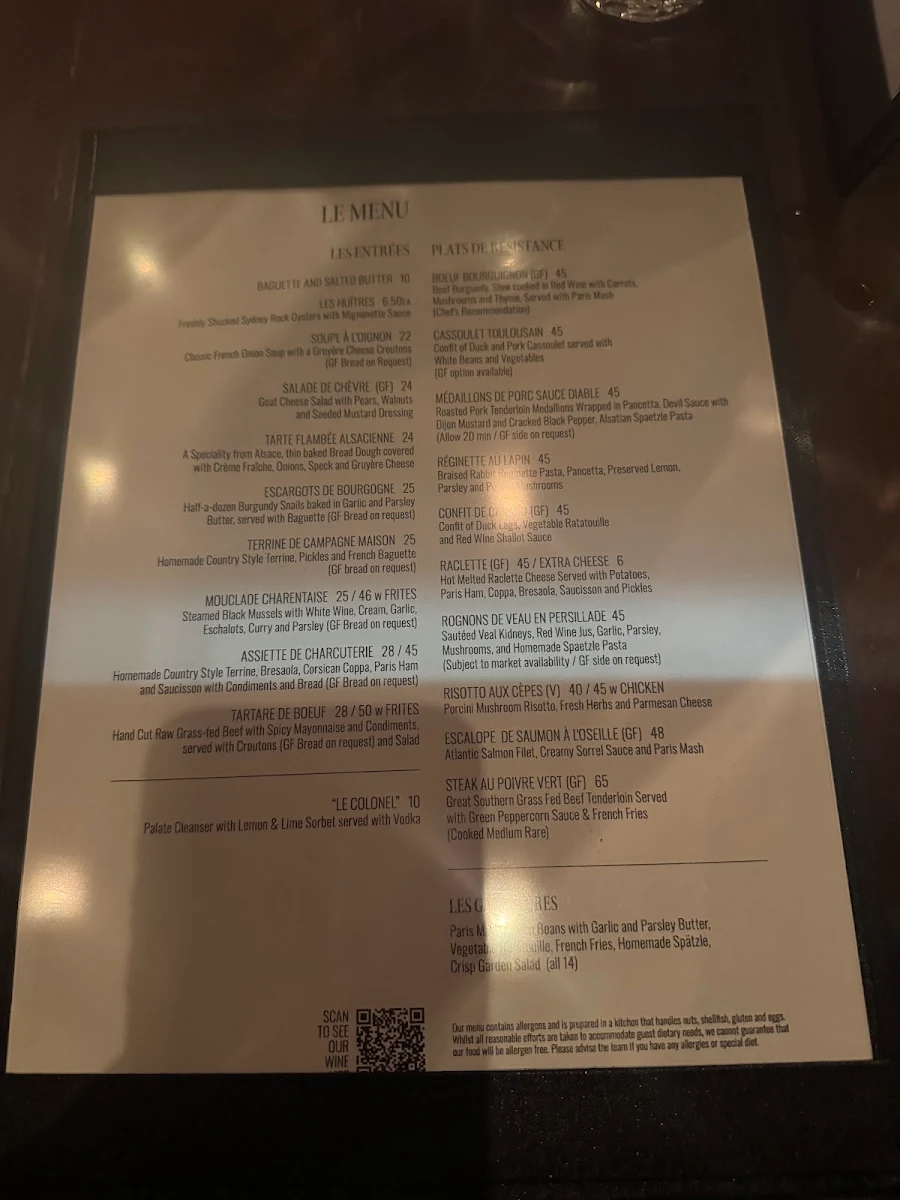 Menu, Bistro Papillon