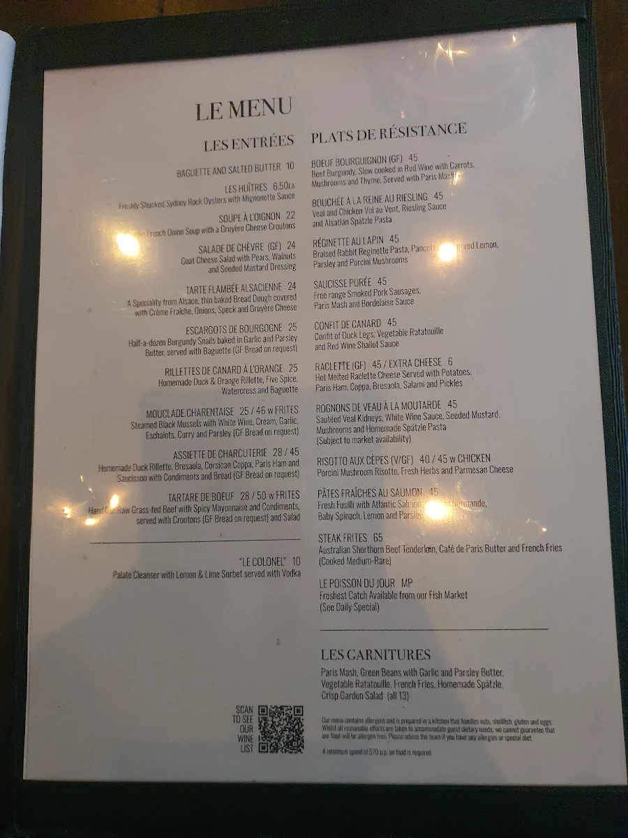 Menu, Bistro Papillon