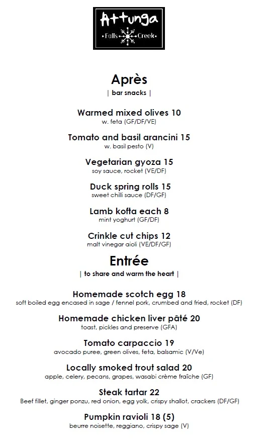 Menu, Attunga Lounge Bar And Restaurant