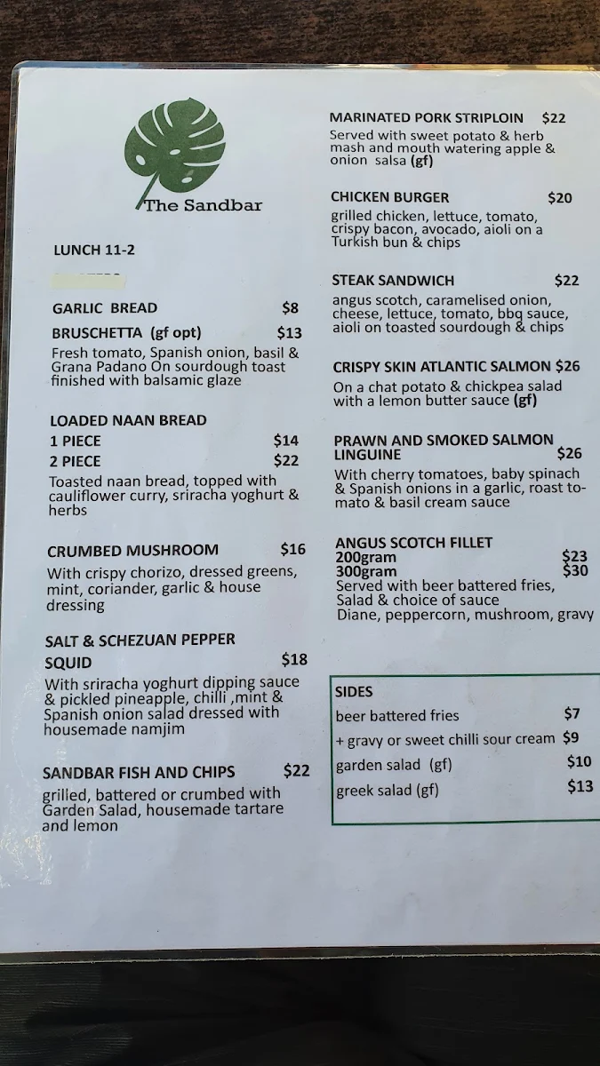 Menu, Sandbar Cafe Restaurant