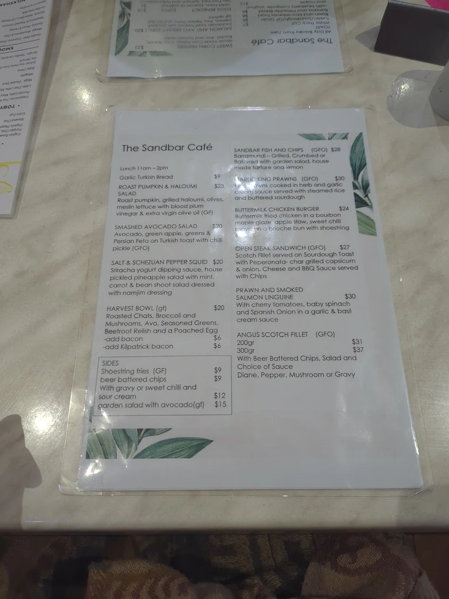 Menu, Sandbar Cafe Restaurant