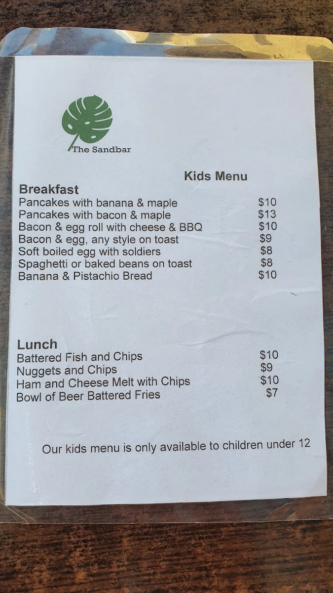 Menu, Sandbar Cafe Restaurant