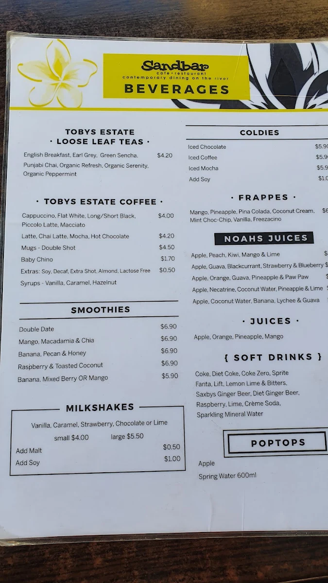 Menu, Sandbar Cafe Restaurant