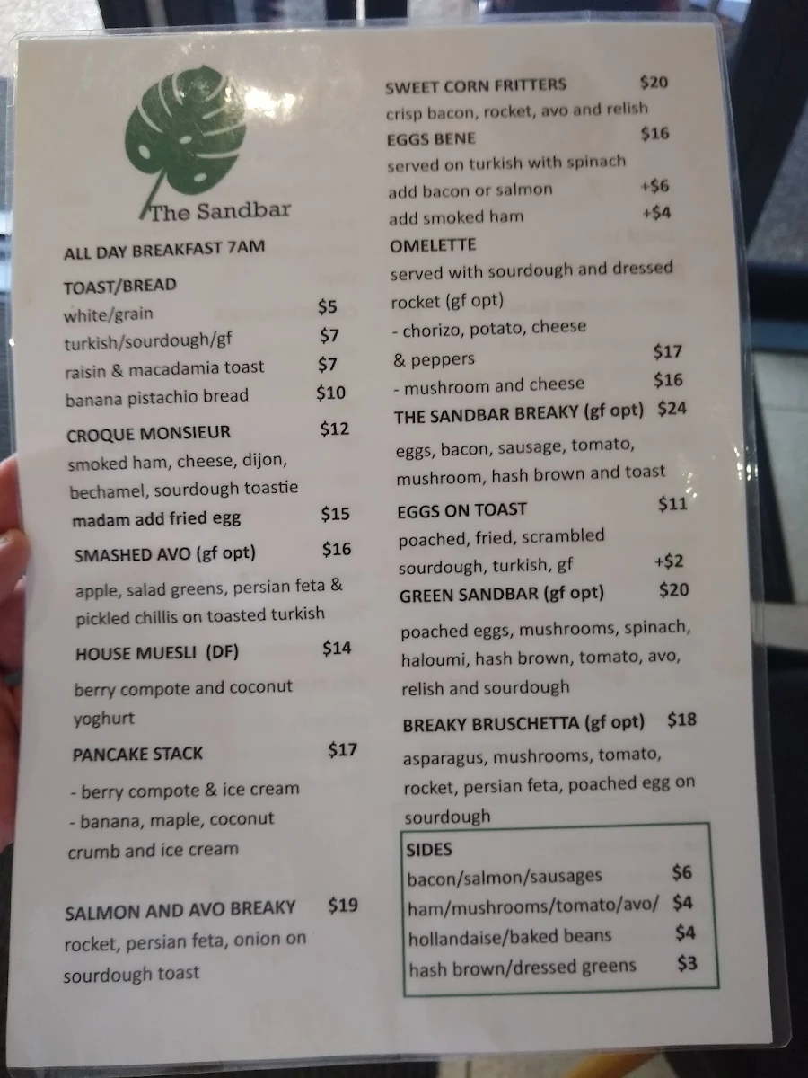 Menu, Sandbar Cafe Restaurant