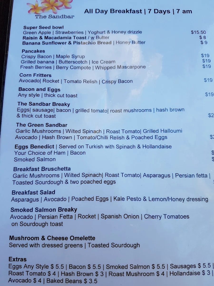 Menu, Sandbar Cafe Restaurant