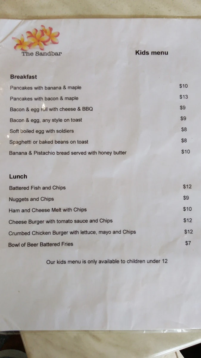 Menu, Sandbar Cafe Restaurant