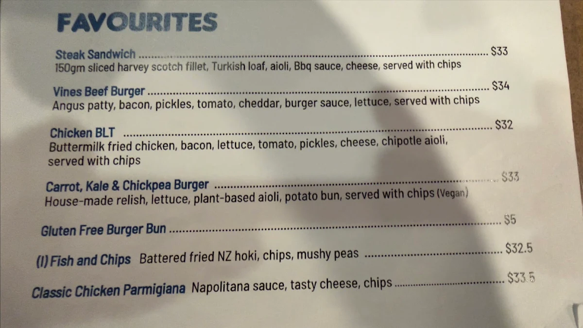 Menu, Vines Cafe and Bar