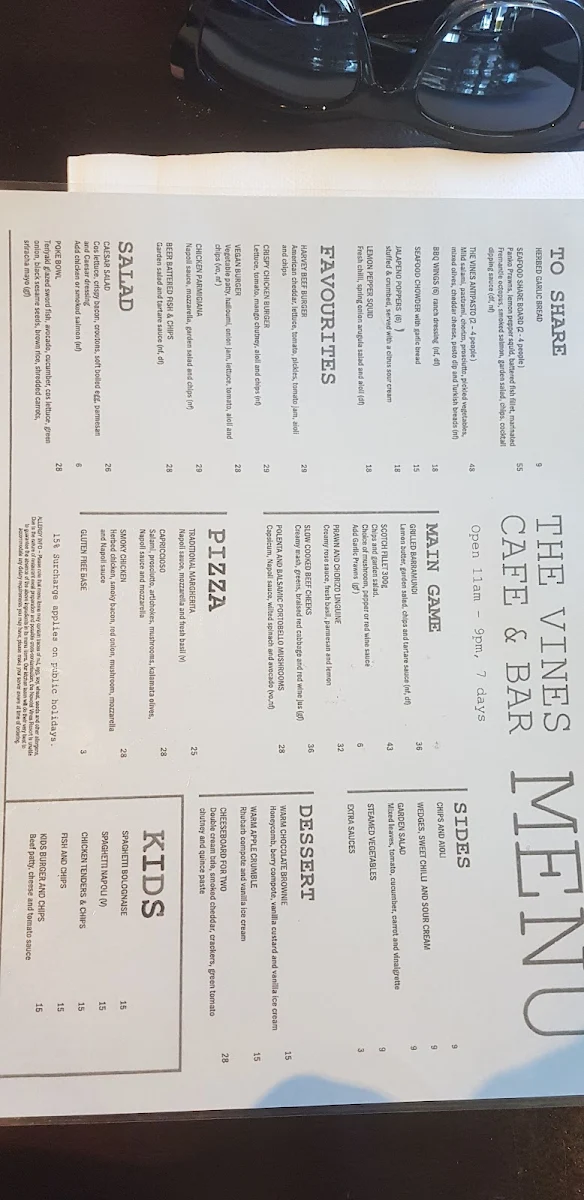 Menu, Vines Cafe and Bar