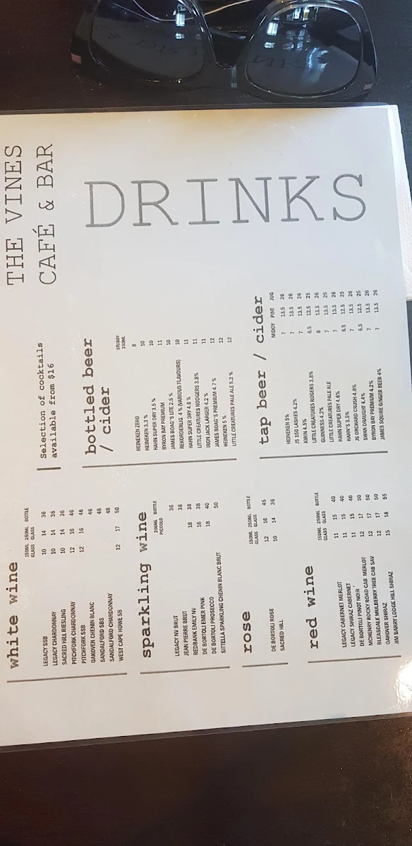 Menu, Vines Cafe and Bar