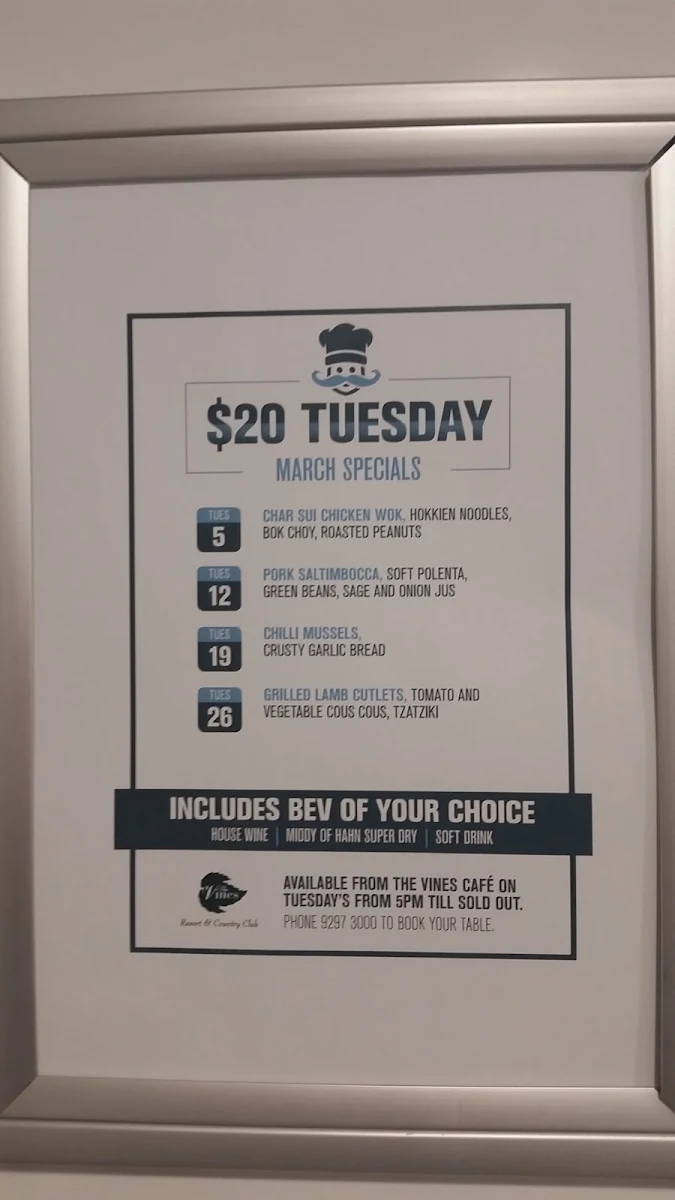 Menu, Vines Cafe and Bar
