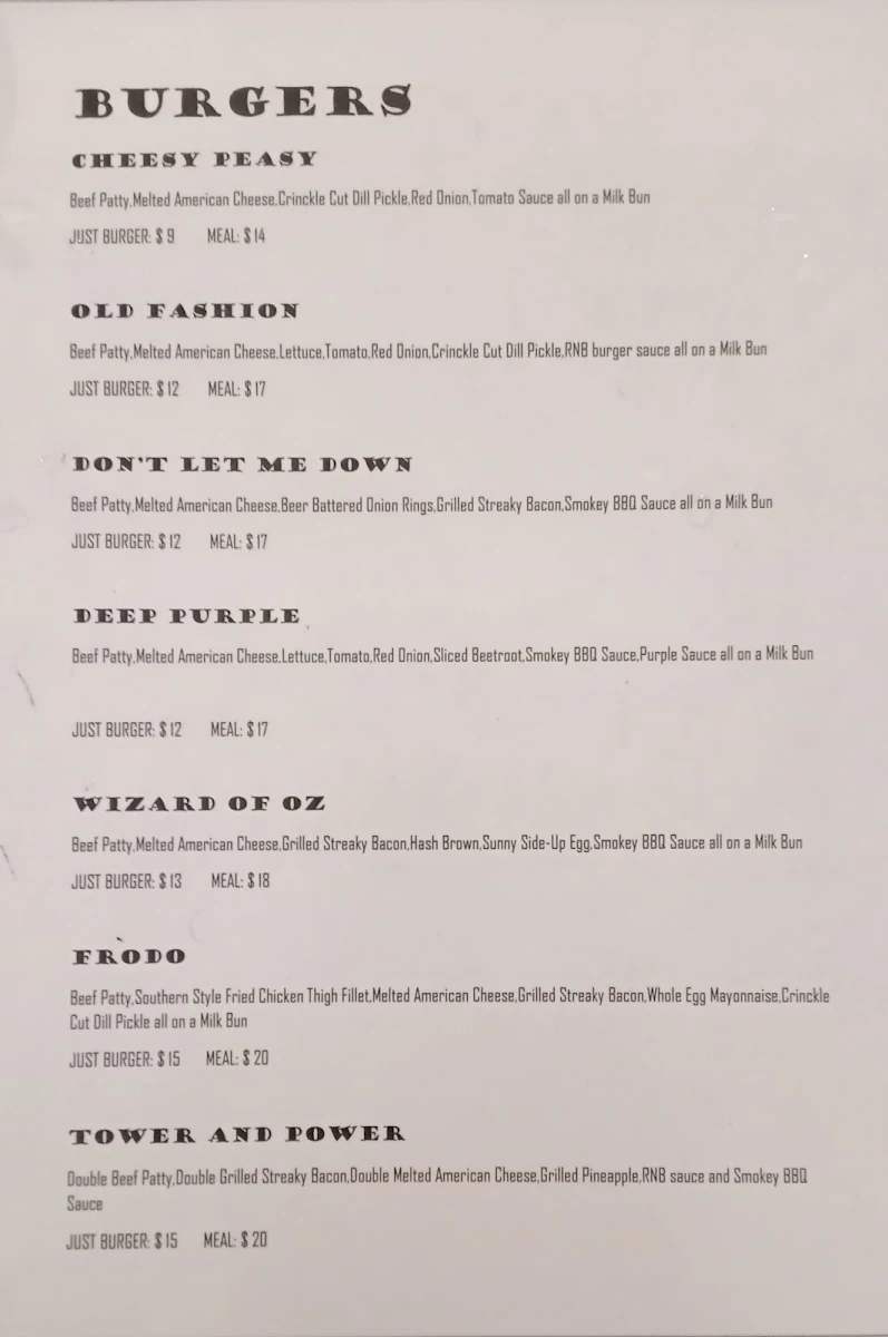 Menu, Rock N Burgers