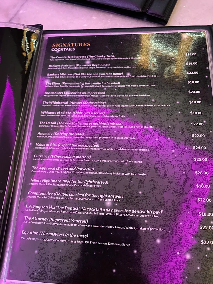 Menu, Heritage Lounge