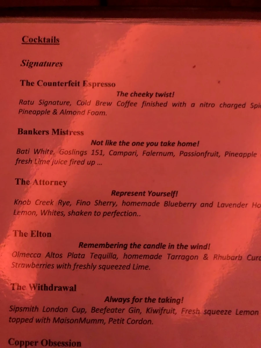 Menu, Heritage Lounge