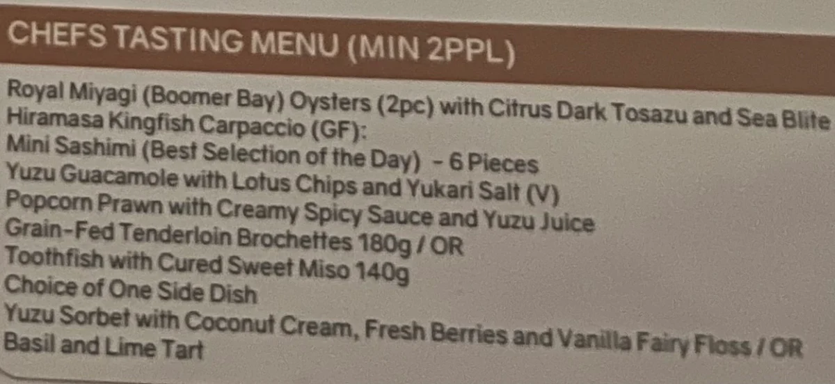 Menu, Heritage Lounge