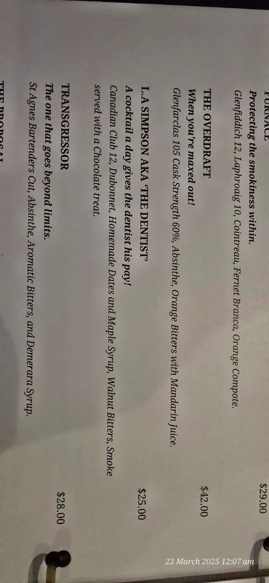 Menu, Heritage Lounge