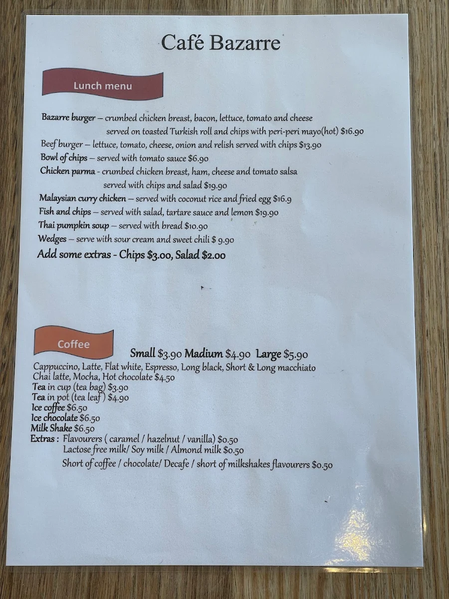 Menu, Cafe Bazarre