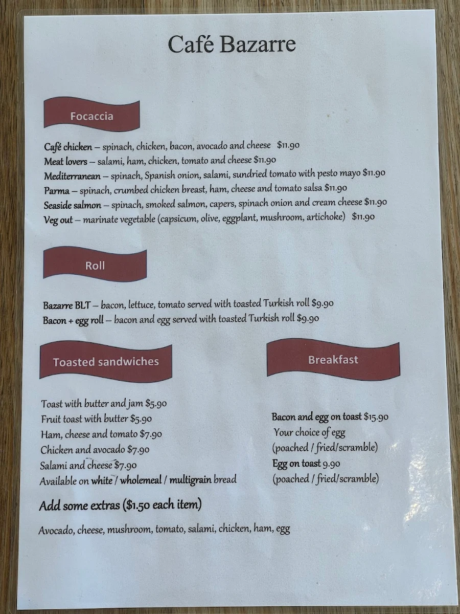 Menu, Cafe Bazarre