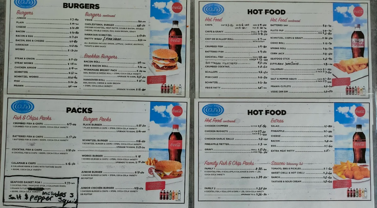 Menu, Ocean Jewel Takeaway