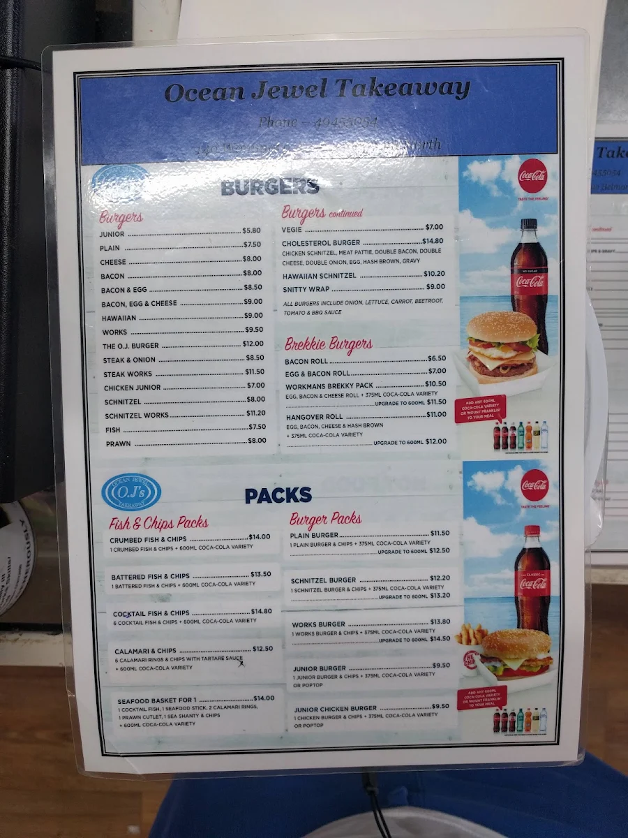 Menu, Ocean Jewel Takeaway