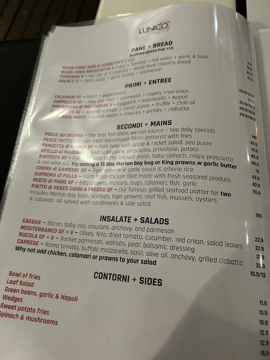 Menu, L'Unico Trattoria Italiano