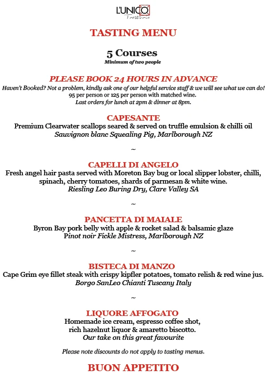 Menu, L'Unico Trattoria Italiano