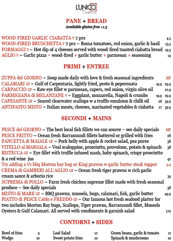 Menu, L'Unico Trattoria Italiano