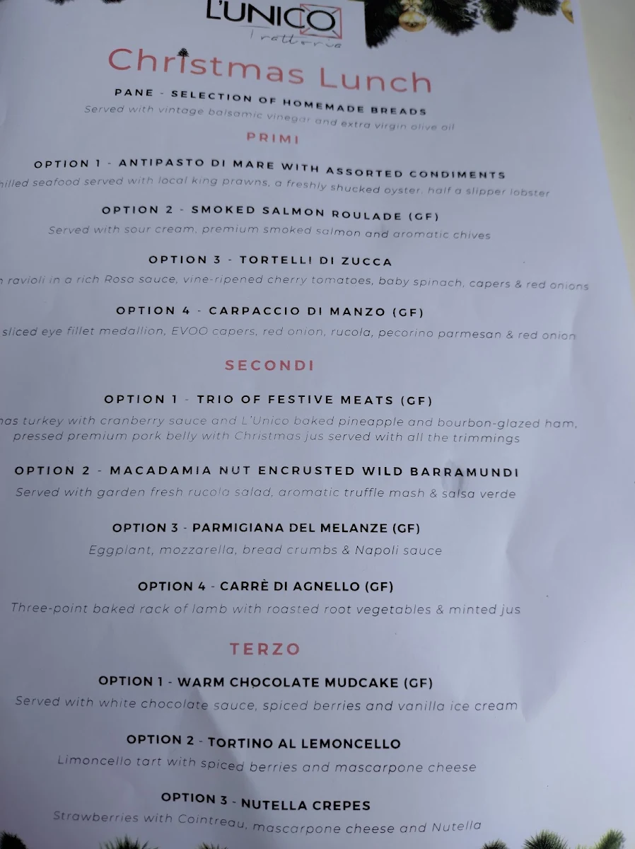 Menu, L'Unico Trattoria Italiano