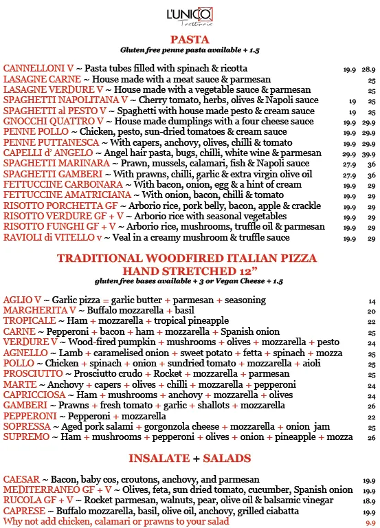 Menu, L'Unico Trattoria Italiano