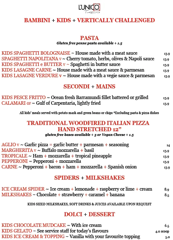 Menu, L'Unico Trattoria Italiano