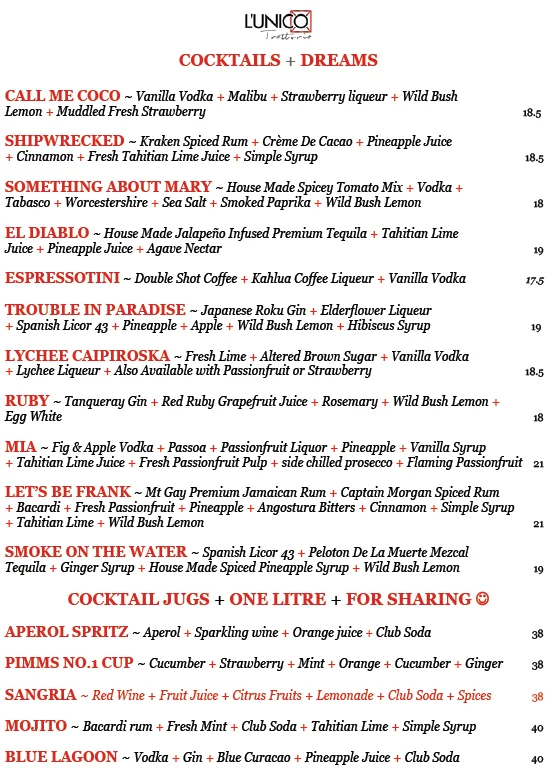 Menu, L'Unico Trattoria Italiano