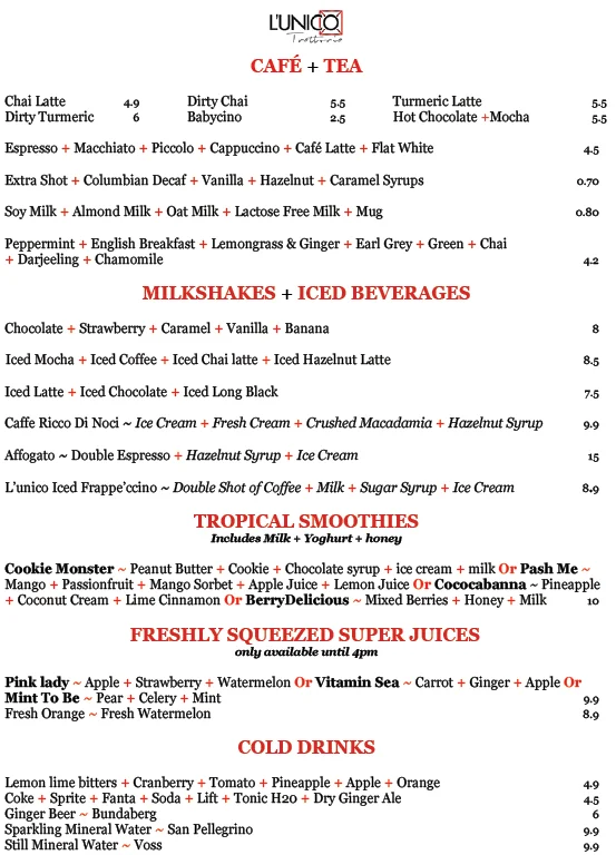 Menu, L'Unico Trattoria Italiano