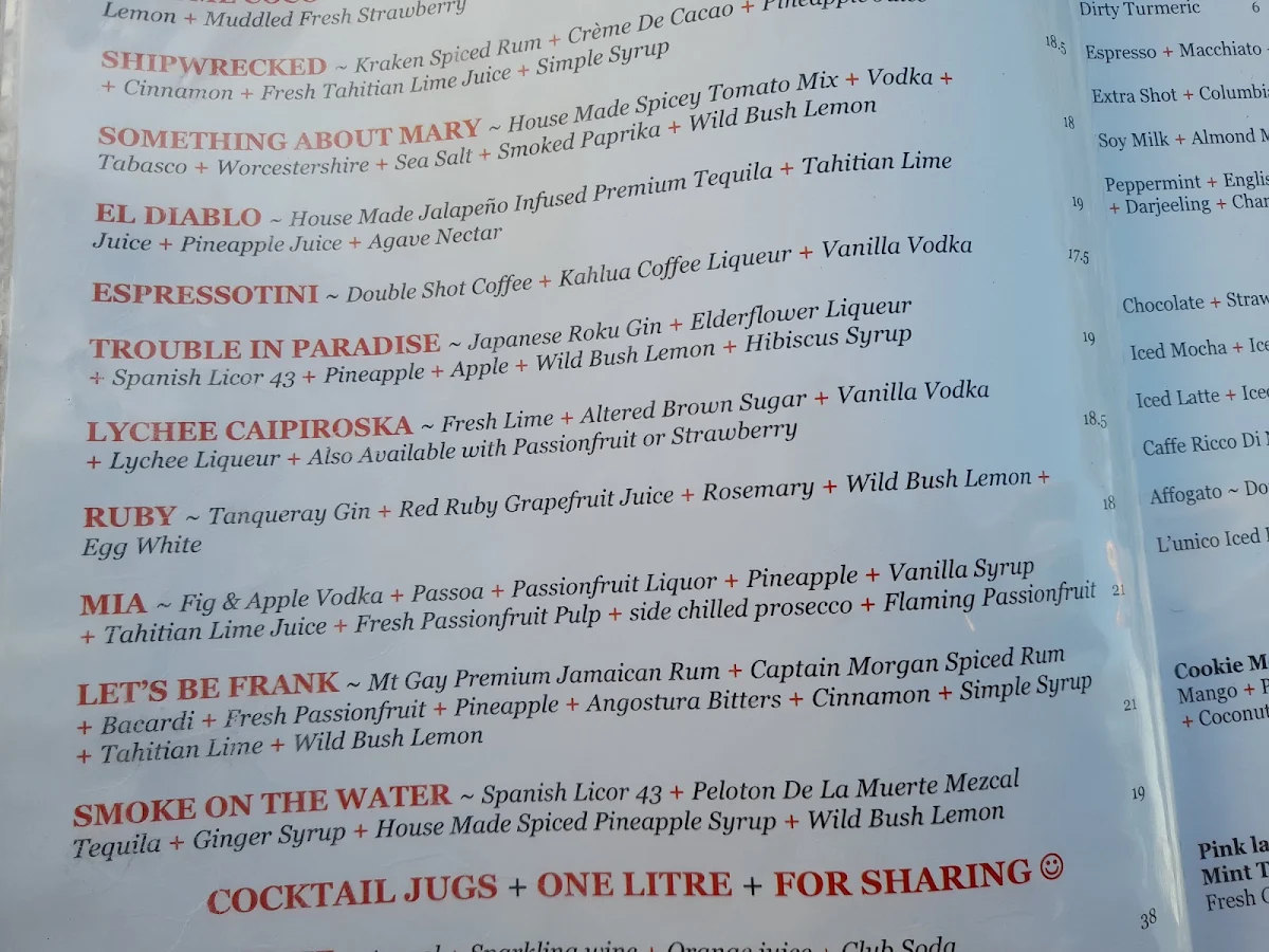 Menu, L'Unico Trattoria Italiano