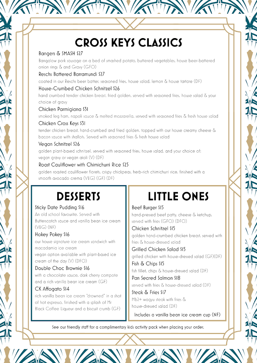 Menu, Cross Keys Hotel, Tighes Hill