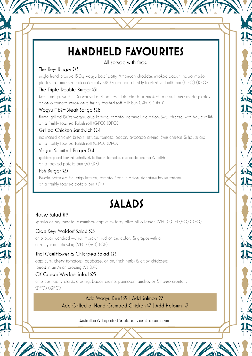 Menu, Cross Keys Hotel, Tighes Hill