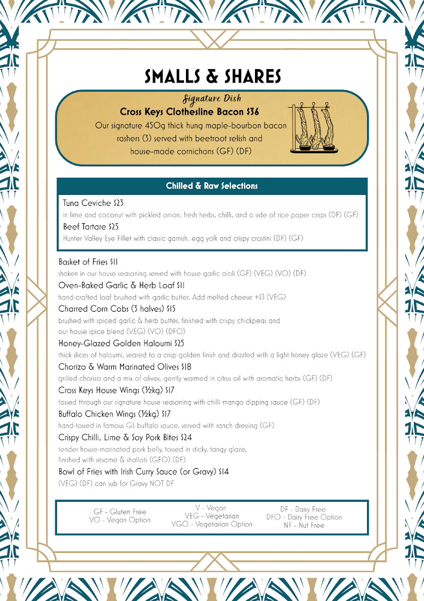 Menu, Cross Keys Hotel, Tighes Hill