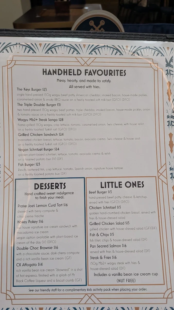 Menu, Cross Keys Hotel, Tighes Hill