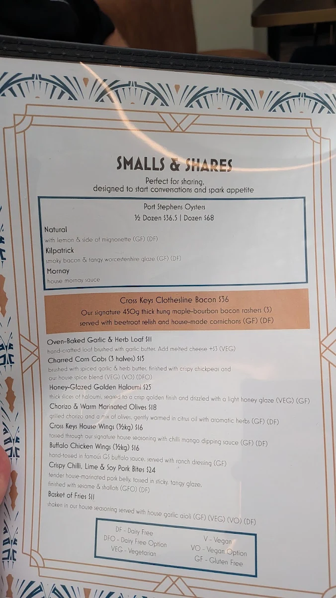 Menu, Cross Keys Hotel, Tighes Hill