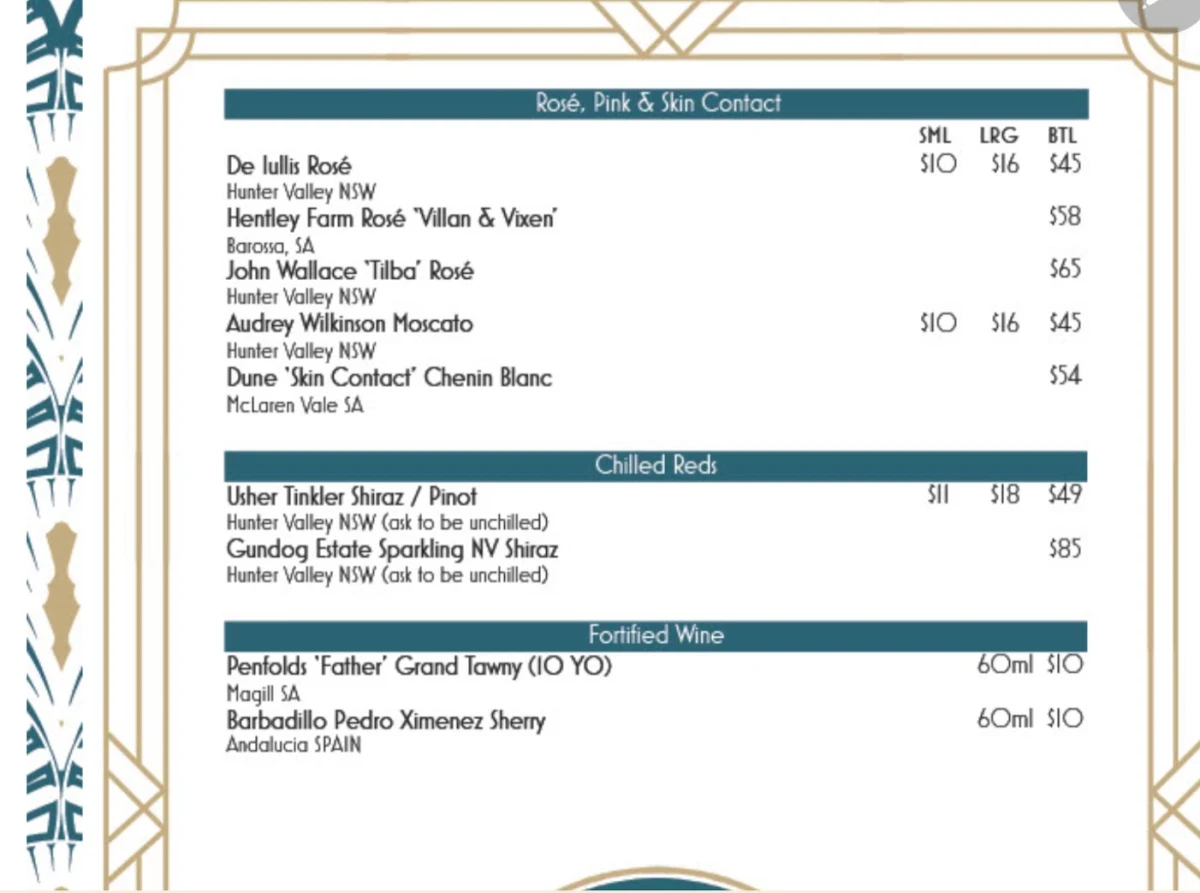 Menu, Cross Keys Hotel, Tighes Hill