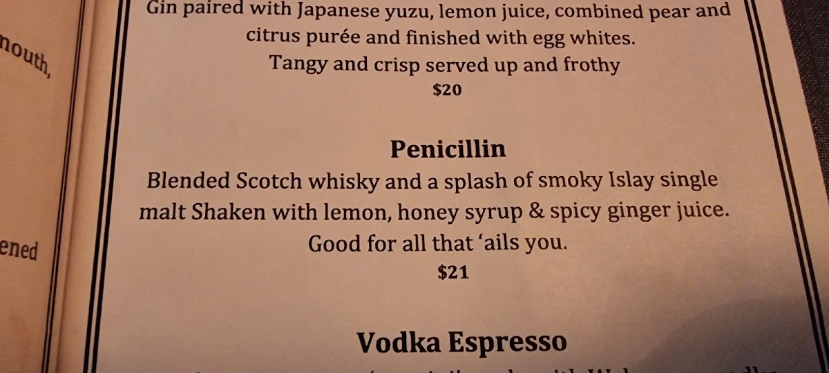 Menu, Seamstress Restaurant and Bar