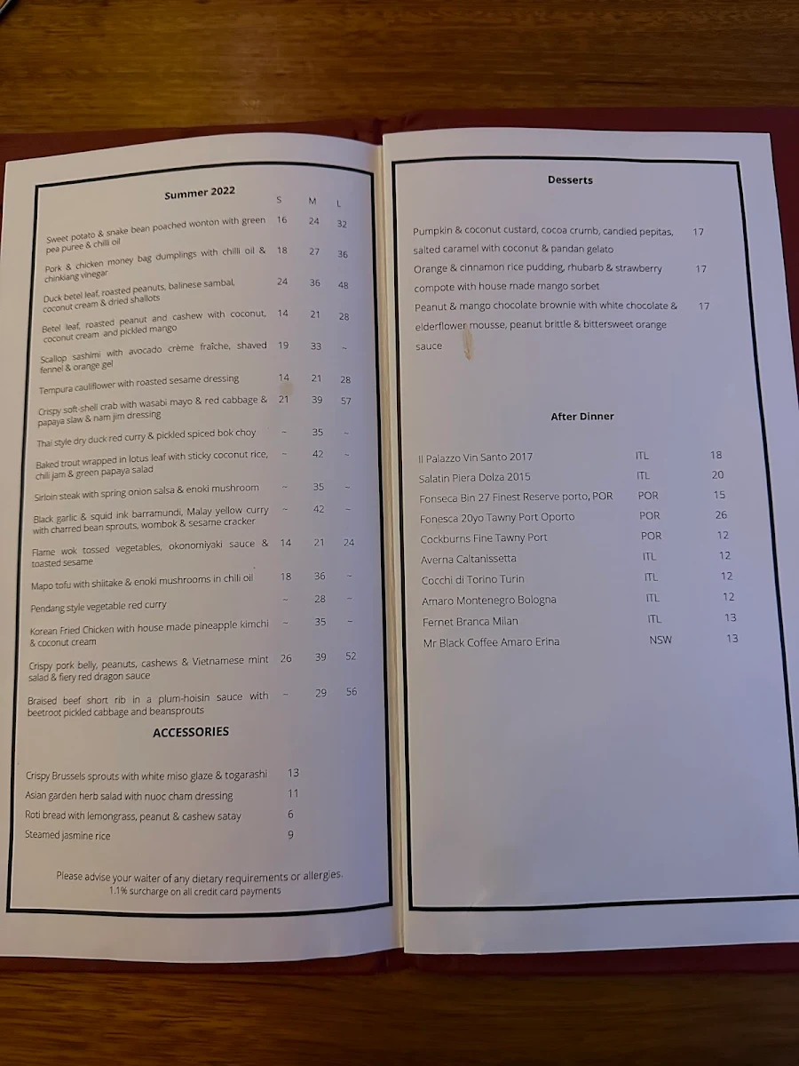 Menu, Seamstress Restaurant and Bar