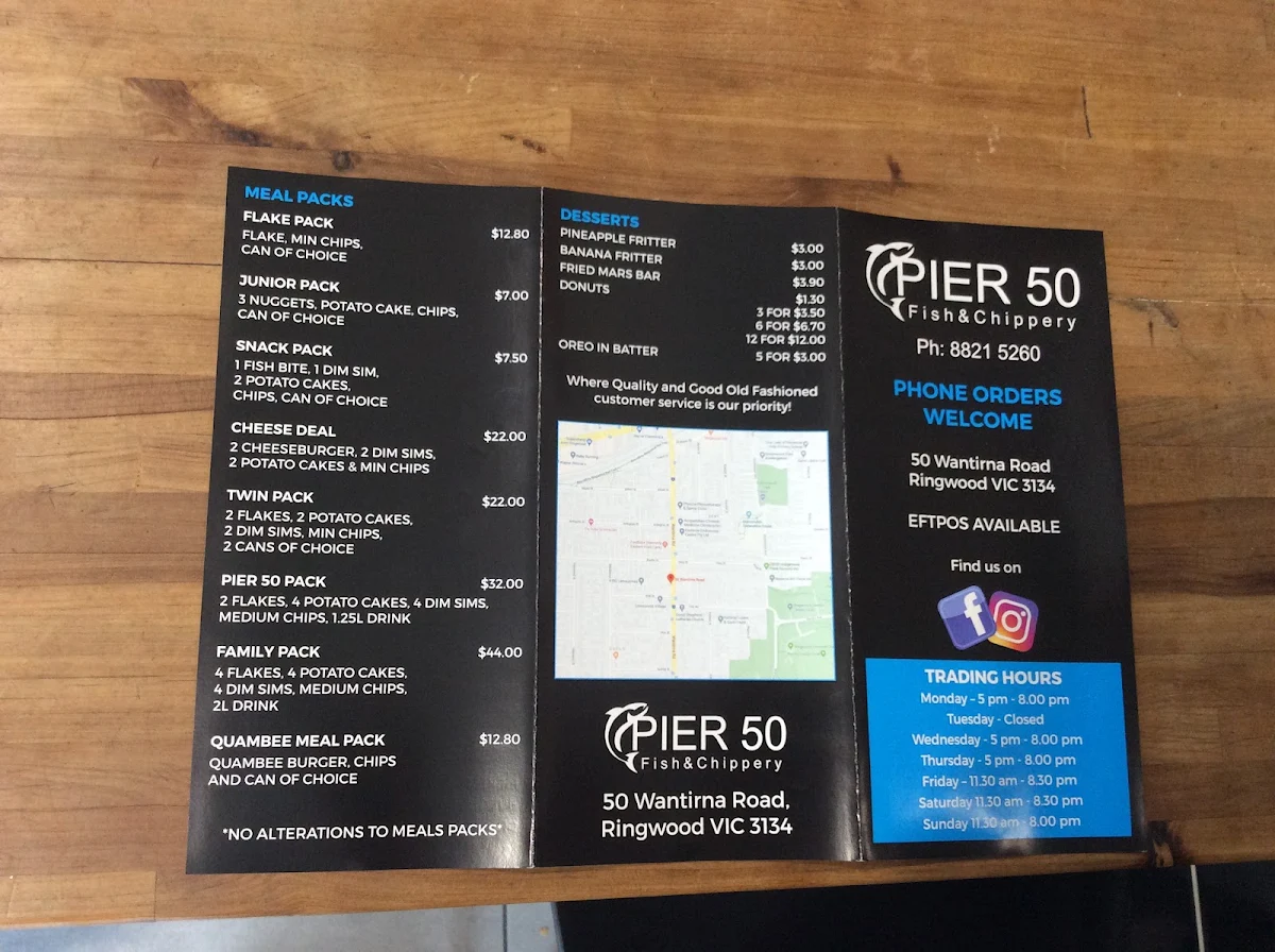Menu, Pier 50 Fish & Chippery