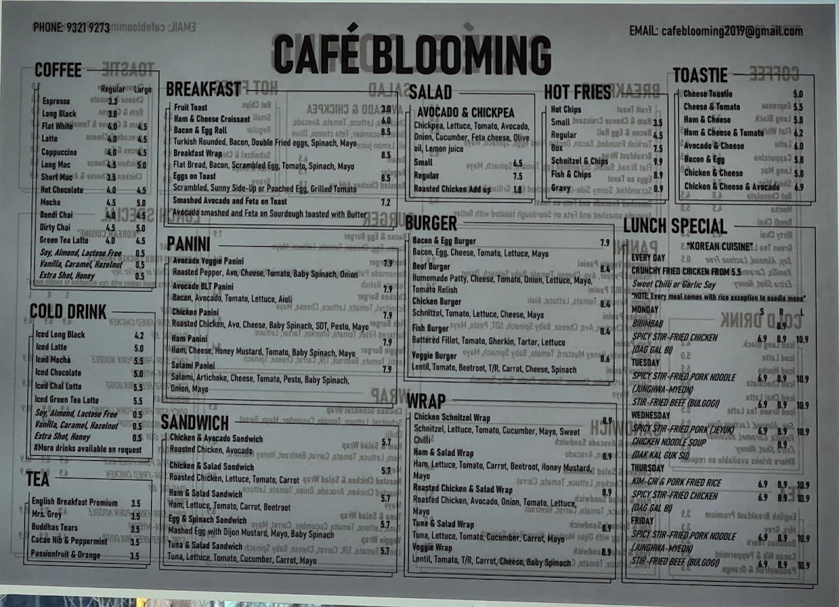 Menu, CAFE BLOOMING