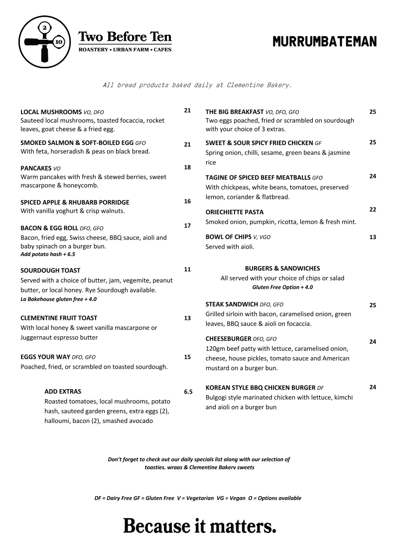 Menu, Two Before Ten Murrumbateman