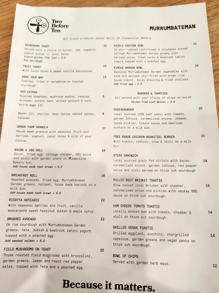 Menu, Two Before Ten Murrumbateman