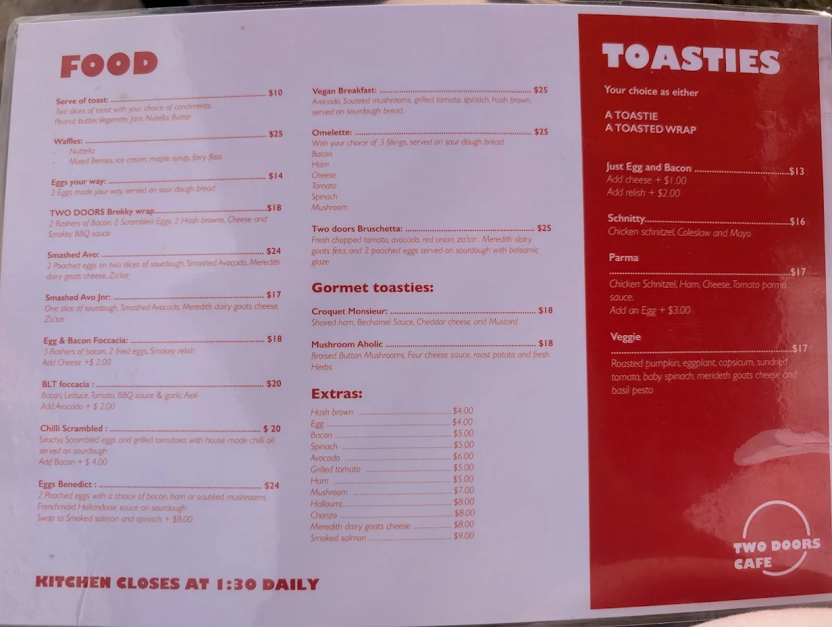 Menu, Two Doors Cafe